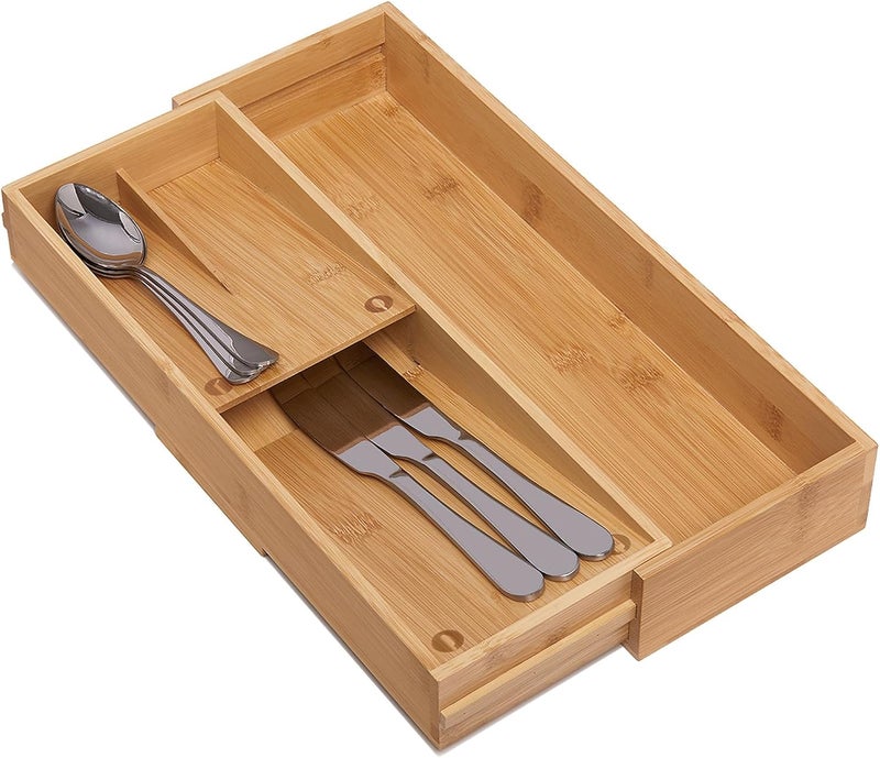 guiogc Bamboo Kitchen Drawer Organizer, Silverware Organizer Expandable Utensil Holder with Removable Knife Block, Cutlery Tray with Drawer Dividers for Kitchen Utensils and Flatware - Image 5